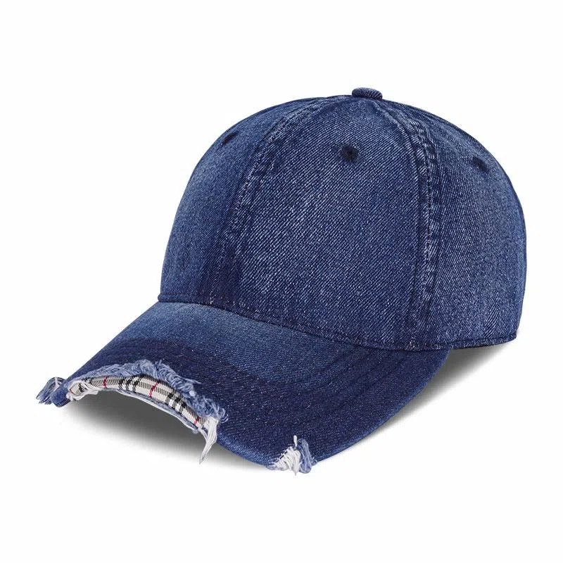 啄木鸟 美式复古水洗拼色格纹棒球帽工装做旧破洞重工毛边大头围显脸小软顶休闲百搭遮脸防晒素颜 棉 鸭舌帽 男女同款情侣款