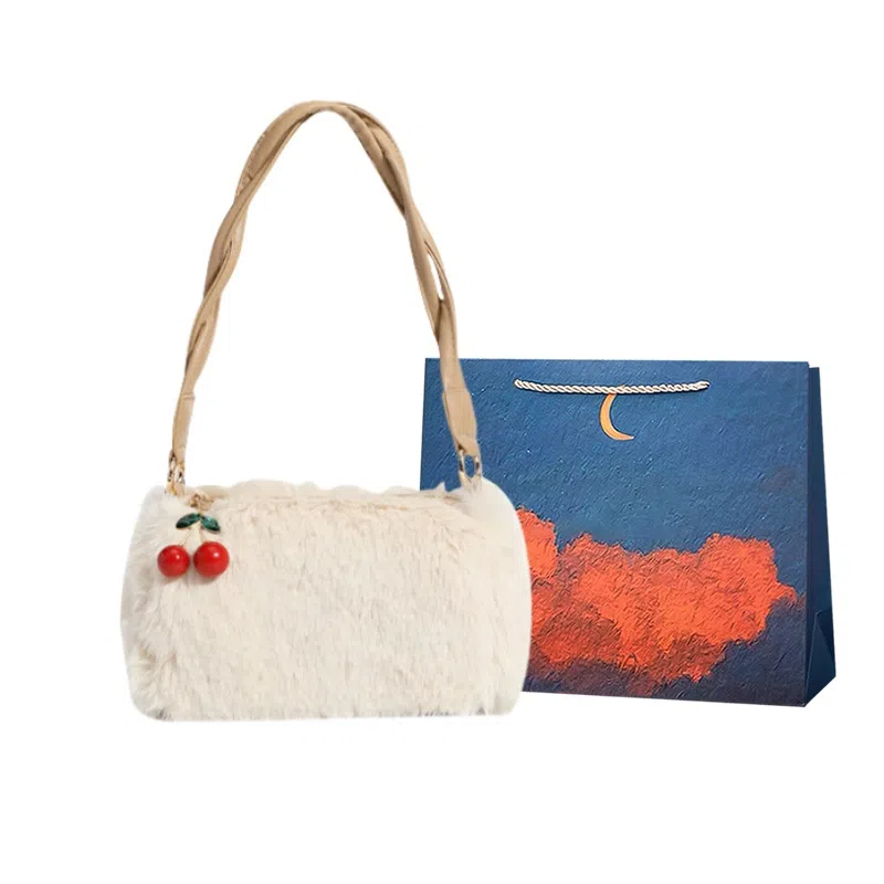 爱尔绅特 小众设计毛毛包链条包编织手包 毛绒 单肩包斜挎包 常规 女款 樱桃包