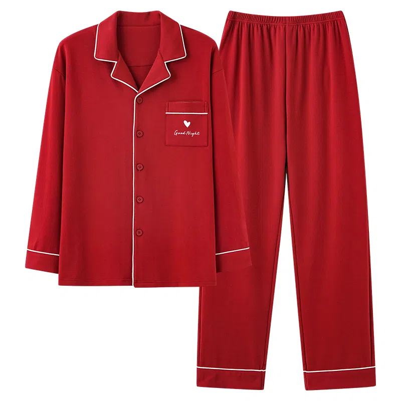 夏芬妍 亲肤舒适爱心贴袋翻领纯棉家居服简约休闲长袖长裤可外穿喜庆本命年睡衣套装 男款 红色