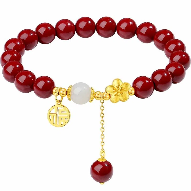 福茹记 转运桃花有钱花 新中式桃花灼灼招桃花花开富贵国潮相思豆镂空福牌串珠 小众高级感转运珠流苏首饰 好运 再造辰砂朱砂 手串 女款