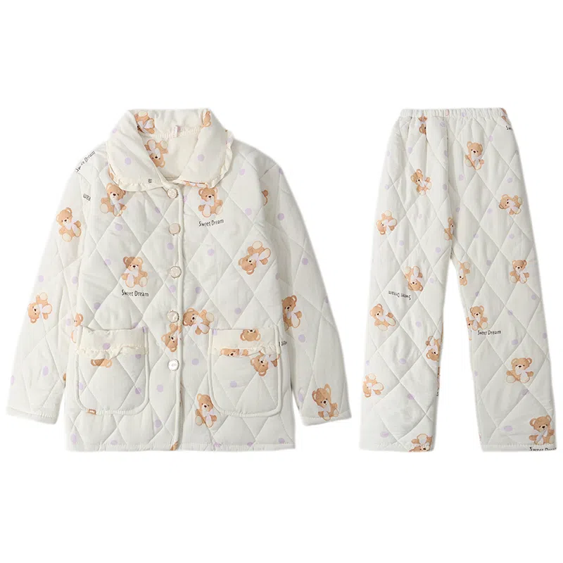 兰缪 三层夹棉加厚休闲舒适可外穿家居服睡衣套装 女款 米白色