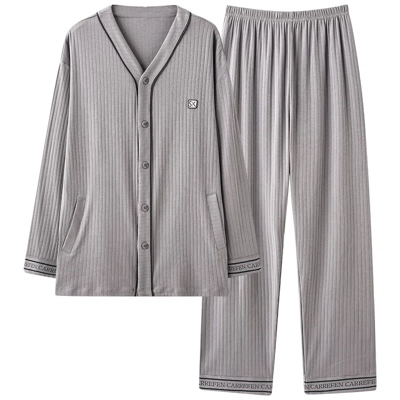 夏芬妍 简约休闲亲肤舒适坑条纹纯棉开衫家居服长袖长裤宽松可外穿睡衣套装 男款 灰色