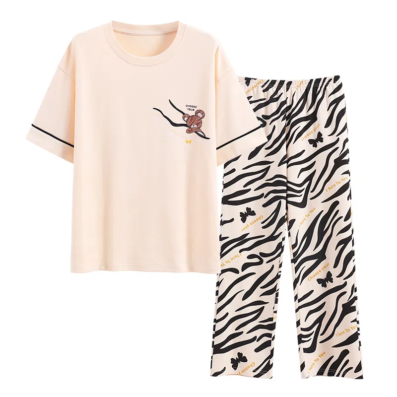 莫代尔 气质百搭舒适圆领套头轻盈柔软亲肤透气不闷随性短袖长裤不易起球可外穿睡衣套装 女款 杏色