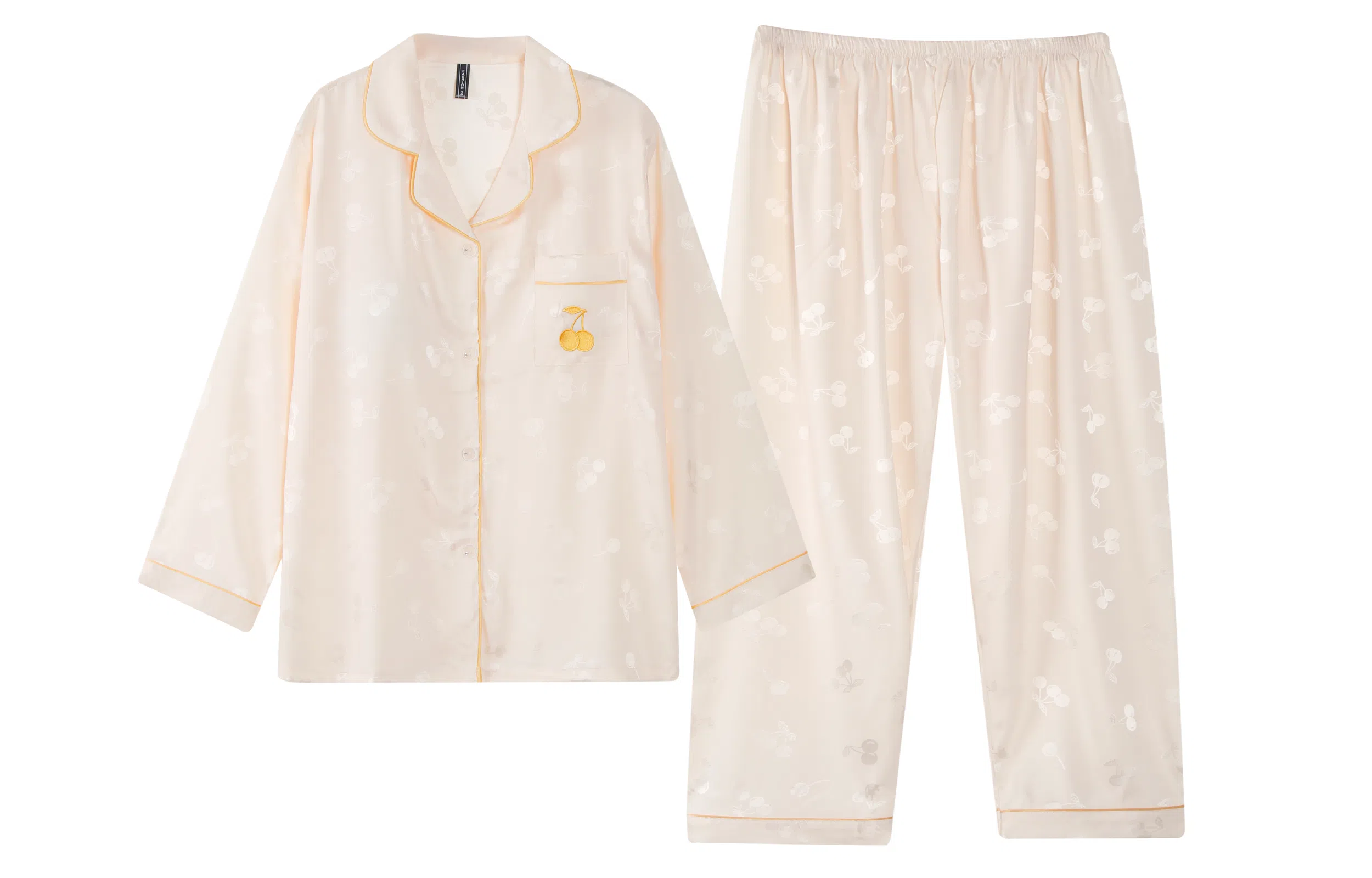 夏芬妍 简约休闲高级感樱桃冰丝翻领带胸垫家居服舒适亲肤宽松长袖长裤可外穿睡衣套装 女款 杏色