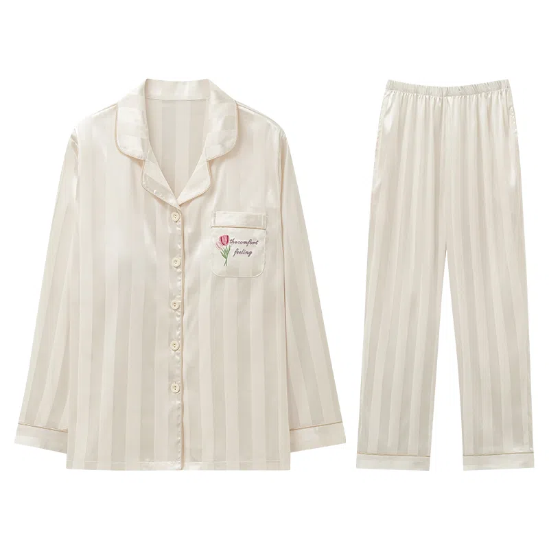 兰缪 花卉口袋带胸垫翻领上衣速干条纹凉感长裤睡衣套装 女款 杏色