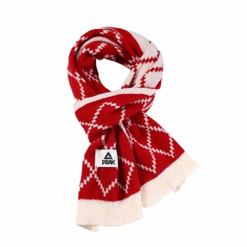 匹克 喜庆红 双色大菱形格针织双面款 绒线围巾 男女同款情侣款