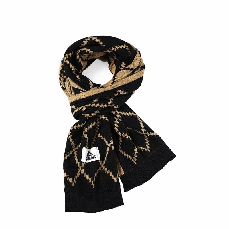 匹克 喜庆红 双色大菱形格针织双面款 绒线围巾 男女同款情侣款