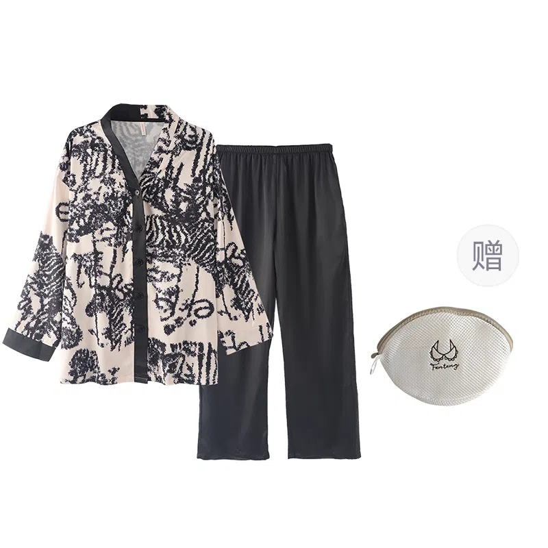 芬腾可安 韩版冰丝薄款中国风开衫长袖长裤可外穿休闲高级感睡衣套装 女款 图色