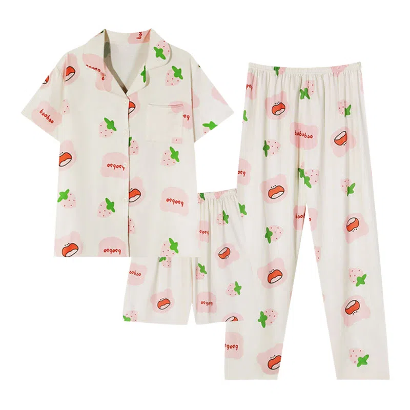 橡柠派 甜美可爱时尚三件套简约舒适睡衣套装 女款 米白色