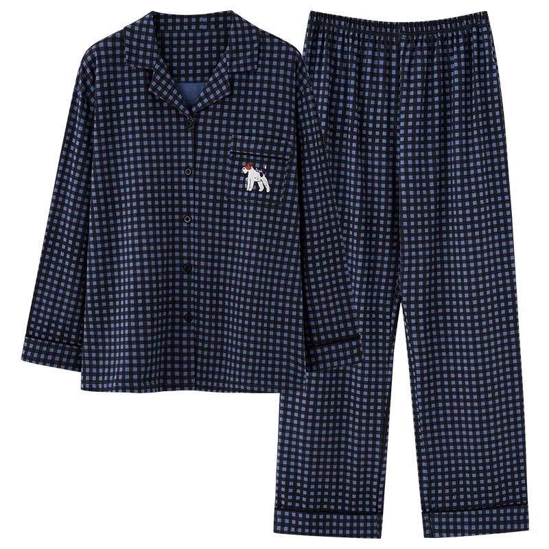 夏芬妍 时尚简约休闲格子翻领家居服亲肤舒适长袖长裤可外穿睡衣套装 男款 藏蓝色