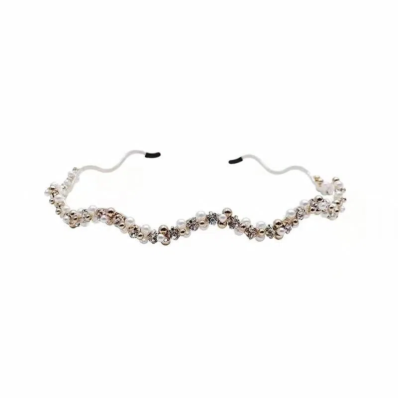 妖娆猫 韩国气质甜美超仙珍珠波浪水钻头箍法式优雅宴会发饰压发头饰 合金 发箍 女款