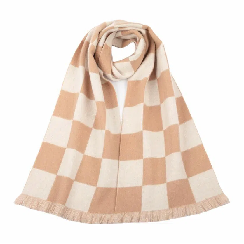红豆 提花棋盘格保暖时尚围脖 山羊绒 绒线围巾 女款