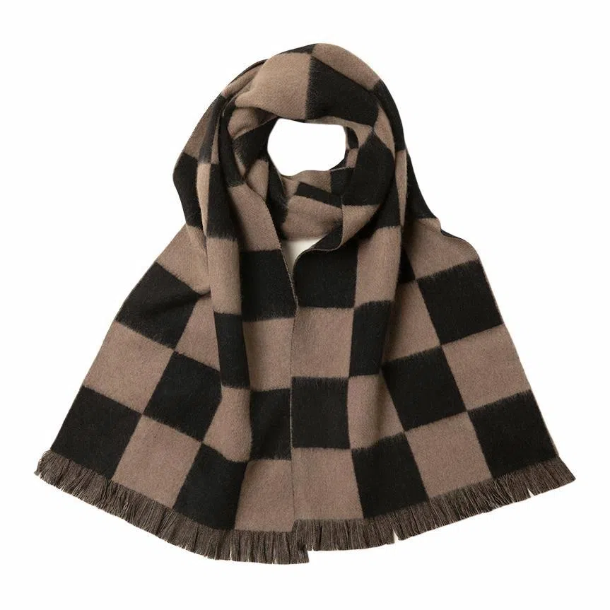 红豆 提花棋盘格保暖时尚围脖 山羊绒 绒线围巾 女款