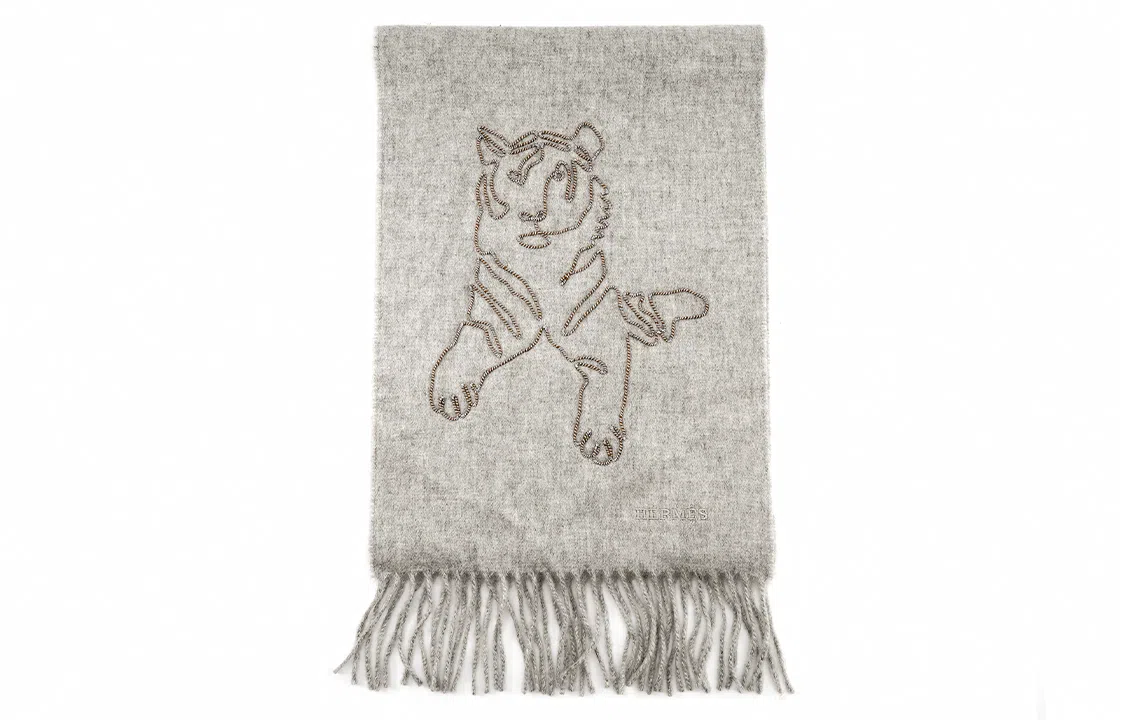 Hermes Embroidered Tiger Scarf Gray