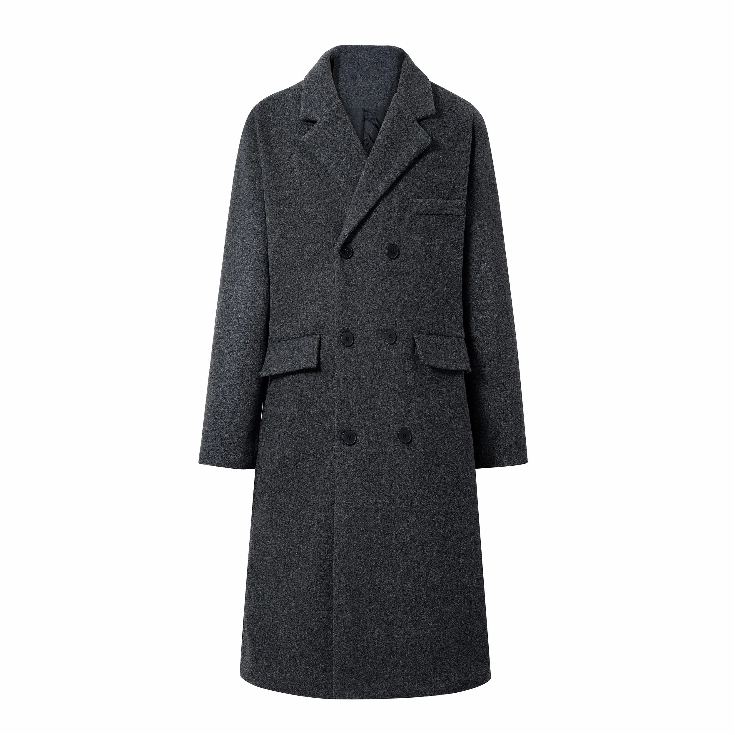 美式复古基础款纯色宽松通勤百搭落肩舒适中长款纯色大口袋双排扣西装领韩版厚款休闲直筒长款大衣 男女同款