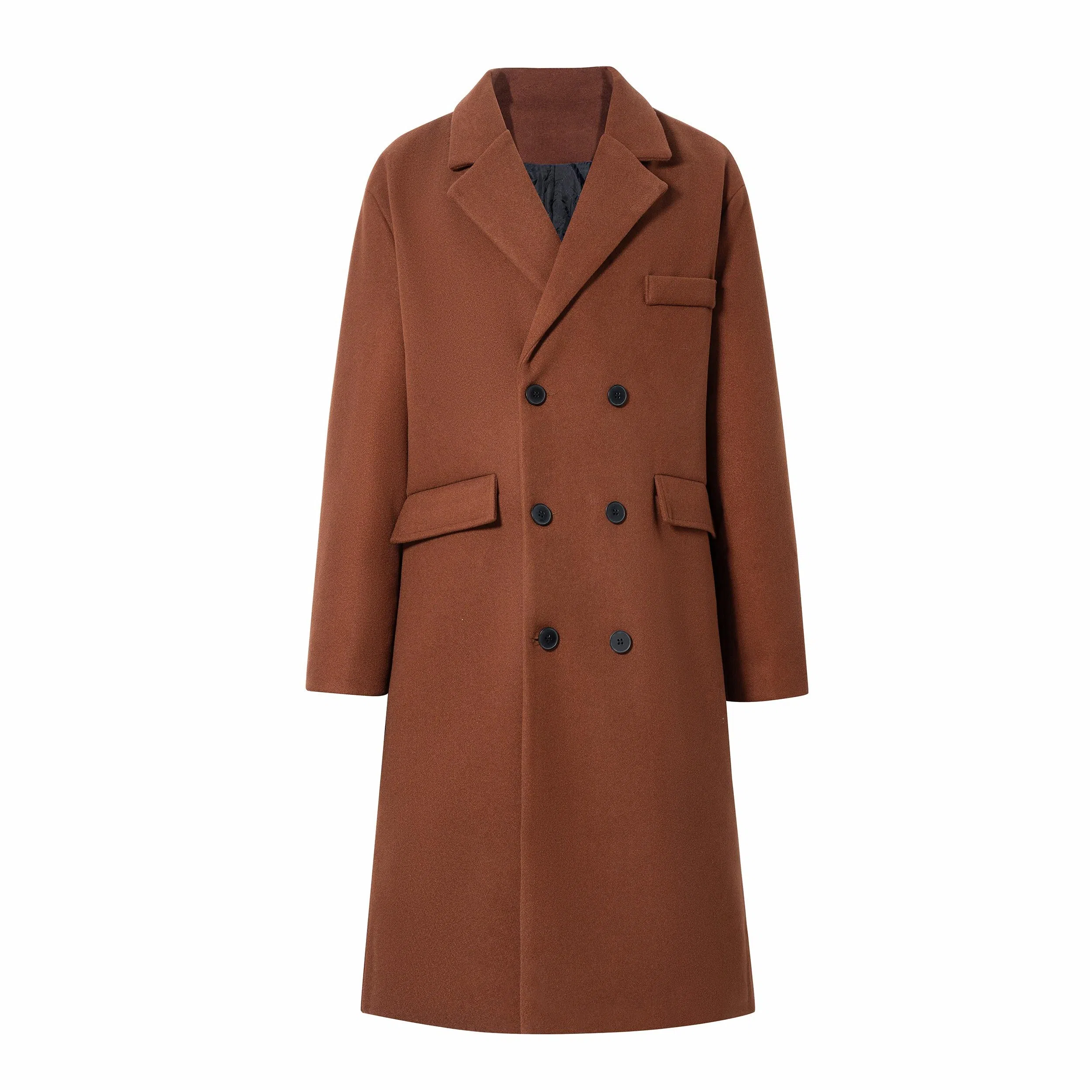 美式复古基础款纯色宽松通勤百搭落肩舒适中长款纯色大口袋双排扣西装领韩版厚款休闲直筒长款大衣 男女同款