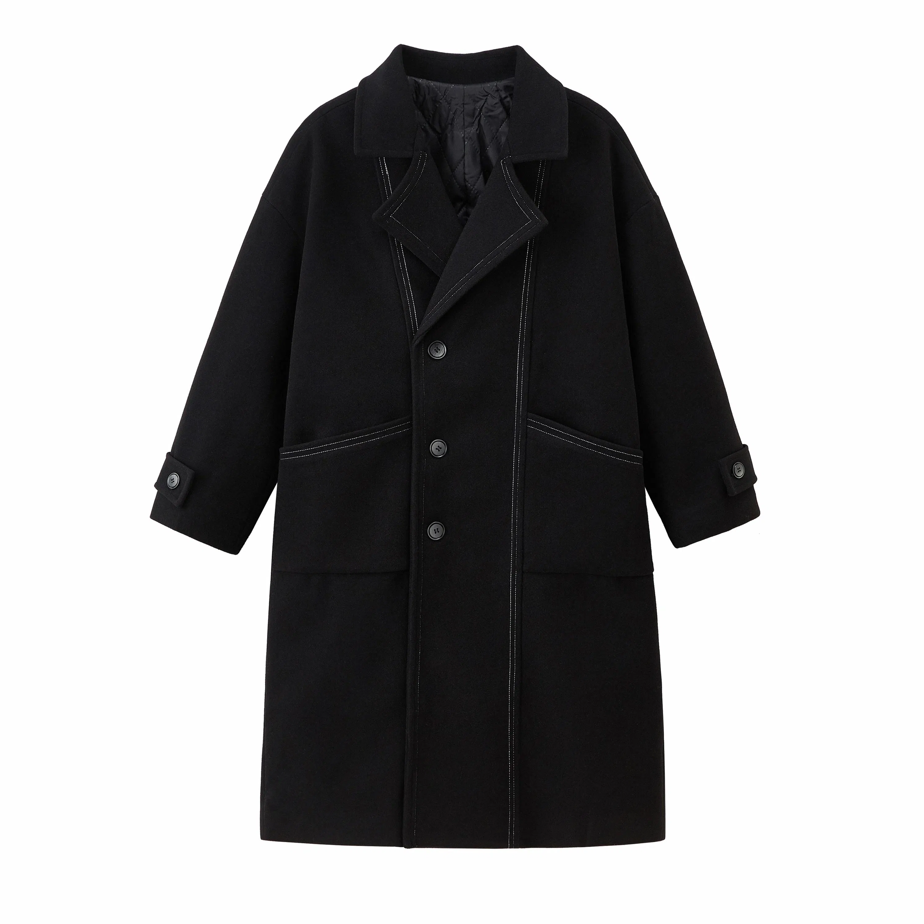 美式复古学院风中长款毛呢保暖纯色直筒厚款休闲外套长袖大衣 男女同款