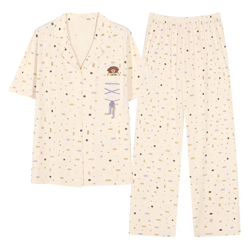 夏芬妍 时尚柔软亲肤波点绑绳翻领开衫家居服简约休闲舒适短袖长裤可外穿睡衣套装 女款 米黄色