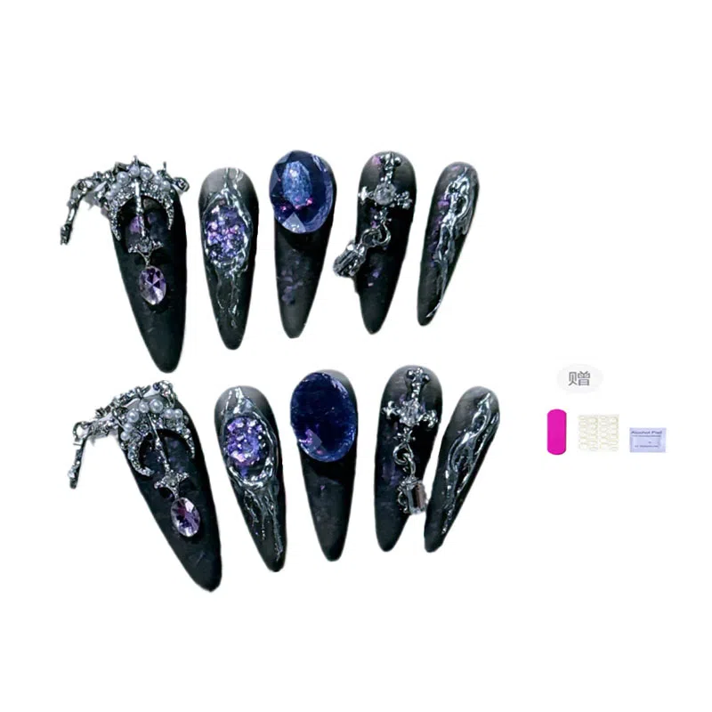 熙比 纯手工穿戴甲 聆晚异国风情轻奢爆闪气质神秘系美甲  杏仁黑蓝跳色