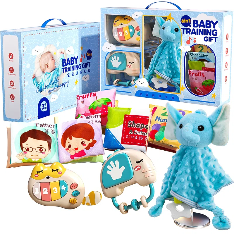 益米 手摇铃启蒙安抚礼盒套装 抓握训练 知识布书 带音乐 早教益智玩具