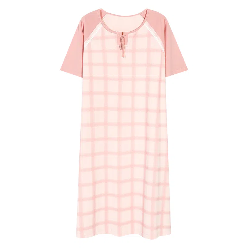 夏芬妍 时尚柔软亲肤经典格子圆领家居服简约休闲舒适短袖睡衣可外穿睡裙 女款 粉色