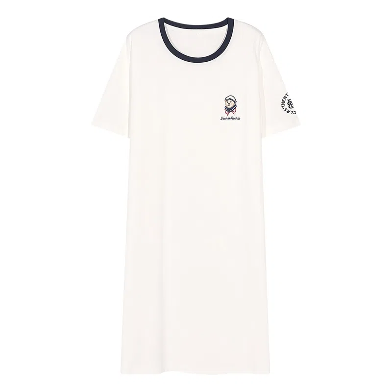 夏芬妍 时尚柔软亲肤海军小熊圆领家居服简约休闲舒适短袖睡衣可外穿睡裙 女款 白色