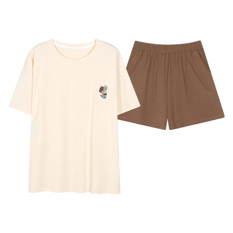 夏芬妍 时尚柔软亲肤纯色圆领家居服简约休闲舒适短袖短裤可外穿睡衣套装 女款 米黄色