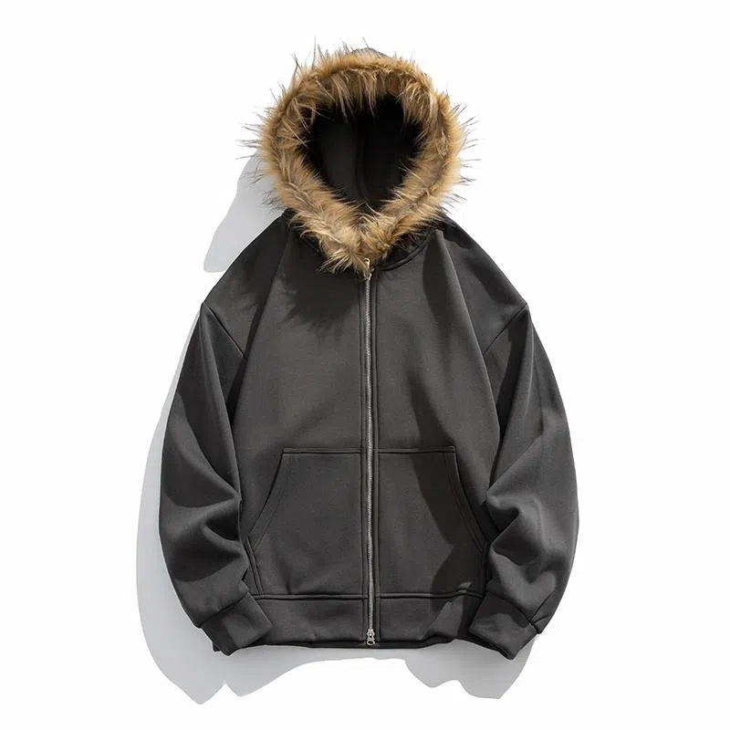 美式复古基础款拉链加绒厚款奥粒绒重磅长袖休闲宽松百搭开衫连帽落肩纯色卫衣 男女同款