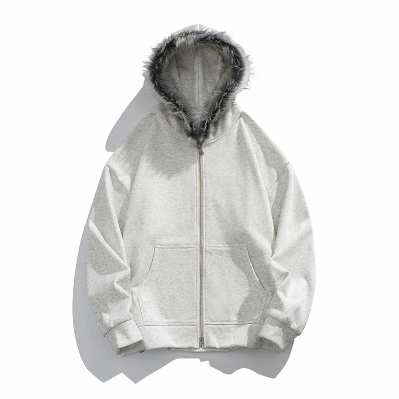 美式复古基础款拉链加绒厚款奥粒绒重磅长袖休闲宽松百搭开衫连帽落肩纯色卫衣 男女同款