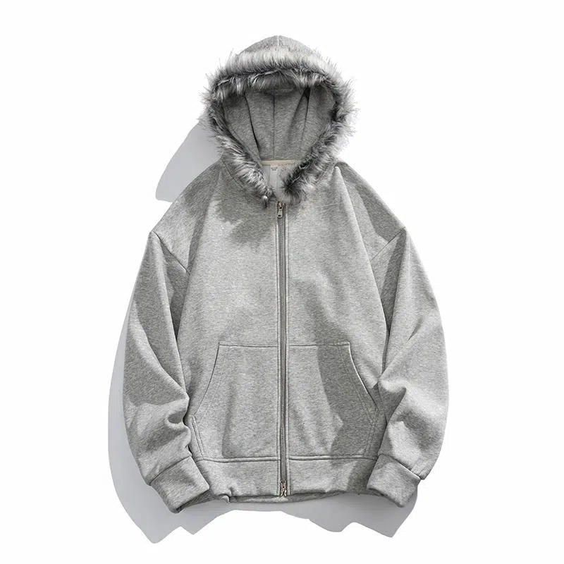 美式复古基础款拉链加绒厚款奥粒绒重磅长袖休闲宽松百搭开衫连帽落肩纯色卫衣 男女同款