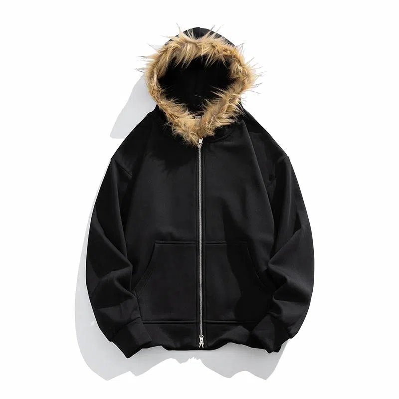 美式复古基础款拉链加绒厚款奥粒绒重磅长袖休闲宽松百搭开衫连帽落肩纯色卫衣 男女同款