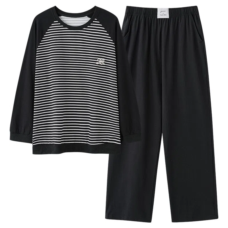 细舍 长袖条纹简约休闲可外穿家居服睡衣套装 女款 黑色
