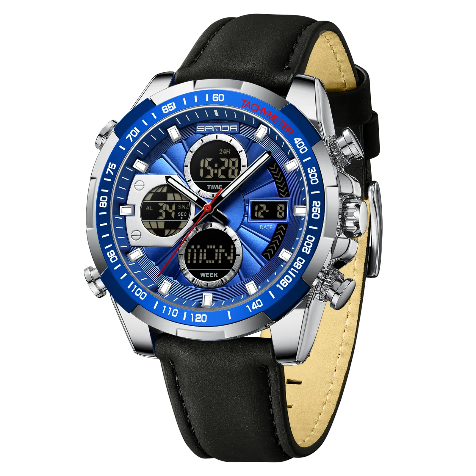 三达 时尚潮流炫酷学生运动腕表 电子+石英机芯 皮带表带 国表 男表 黑色表盘