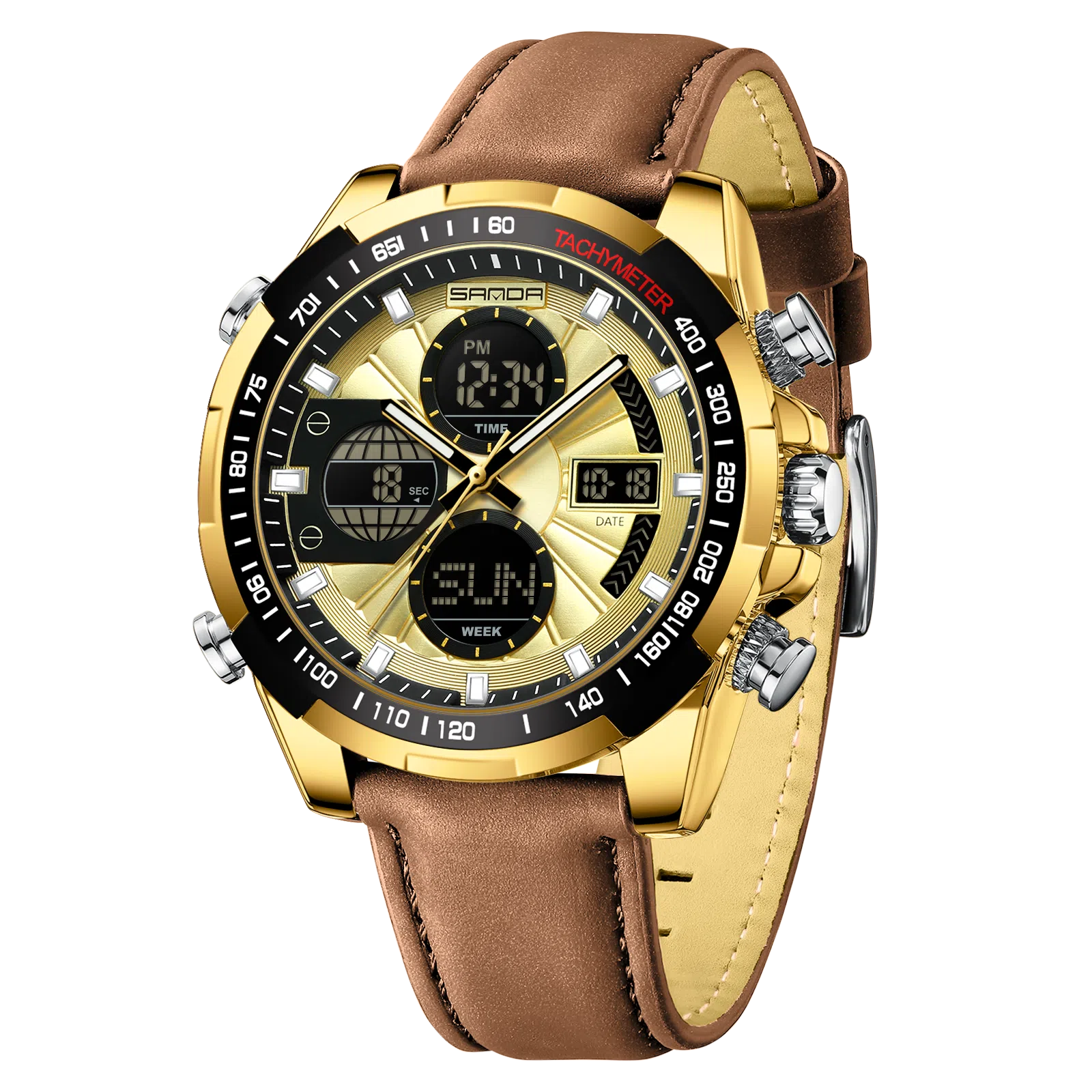 三达 时尚潮流炫酷学生运动腕表 电子+石英机芯 皮带表带 国表 男表 黑色表盘