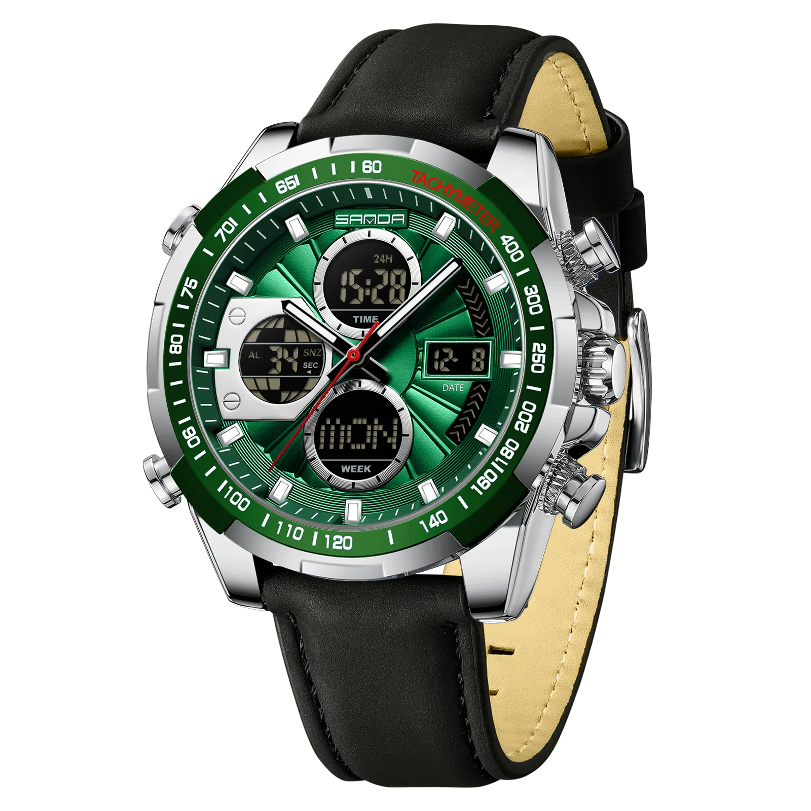 三达 时尚潮流炫酷学生运动腕表 电子+石英机芯 皮带表带 国表 男表 黑色表盘