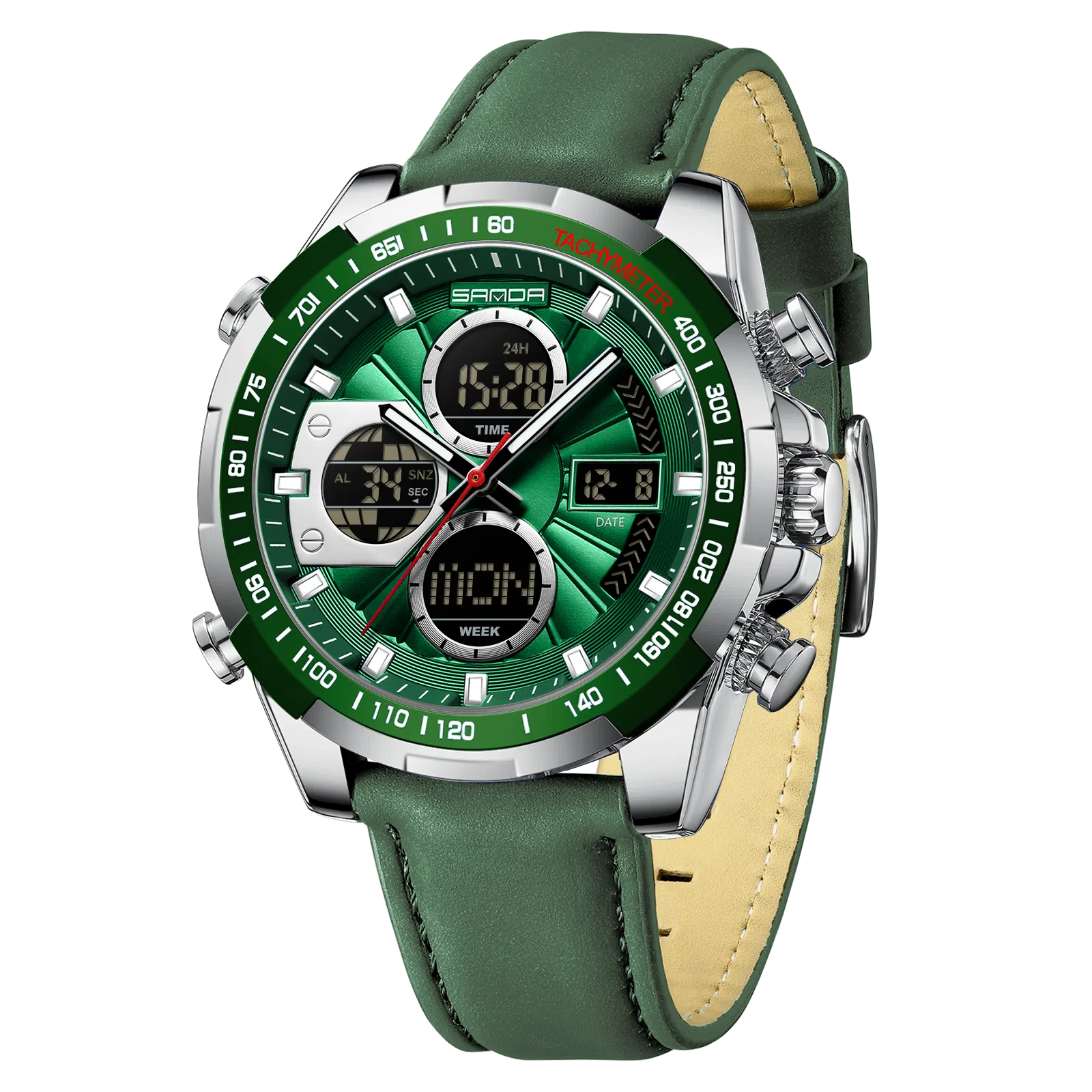 三达 时尚潮流炫酷学生运动腕表 电子+石英机芯 皮带表带 国表 男表 黑色表盘