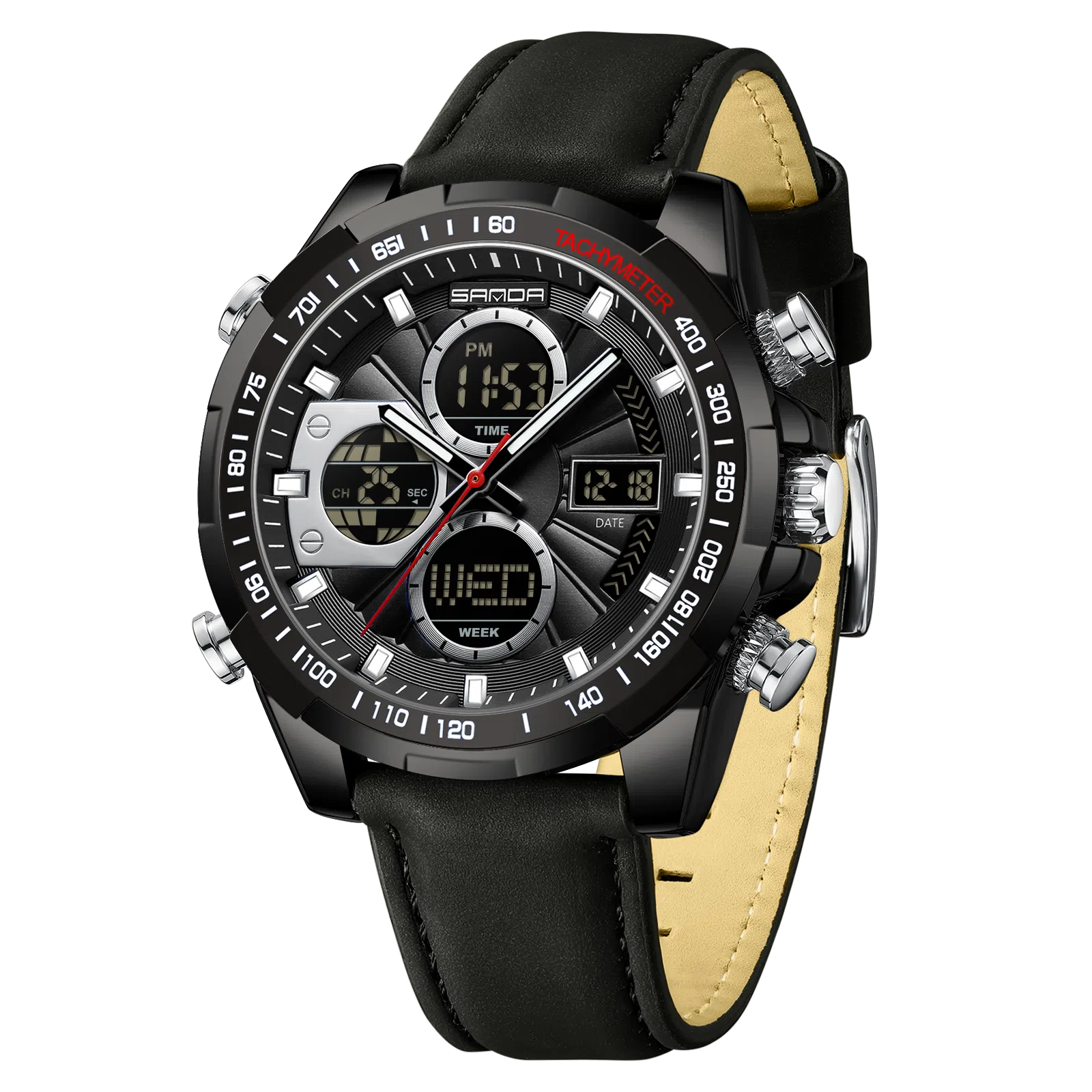 三达 时尚潮流炫酷学生运动腕表 电子+石英机芯 皮带表带 国表 男表 黑色表盘