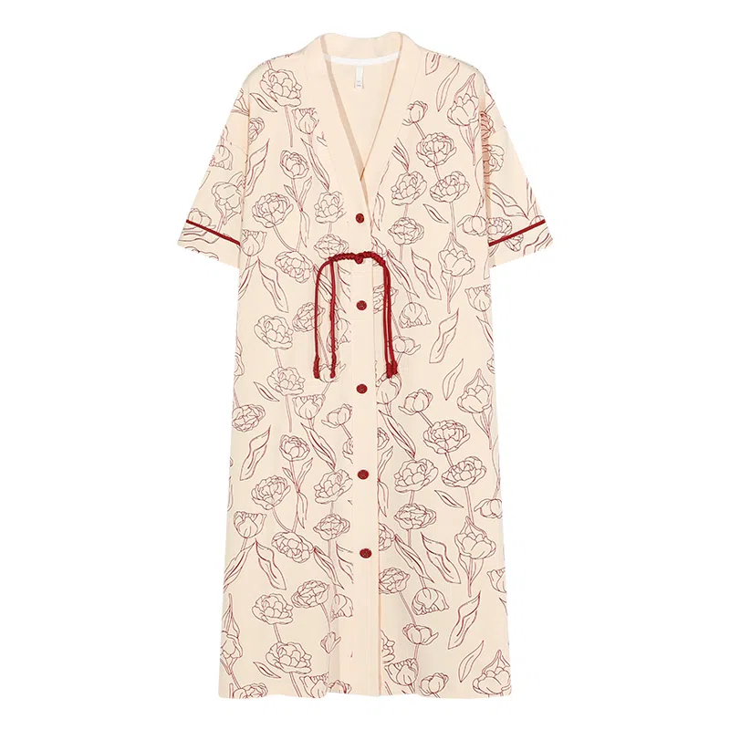 夏芬妍 简约休闲舒适新中式风花朵印花带胸垫睡衣家居服亲肤宽松短袖可外穿睡裙 女款 杏色