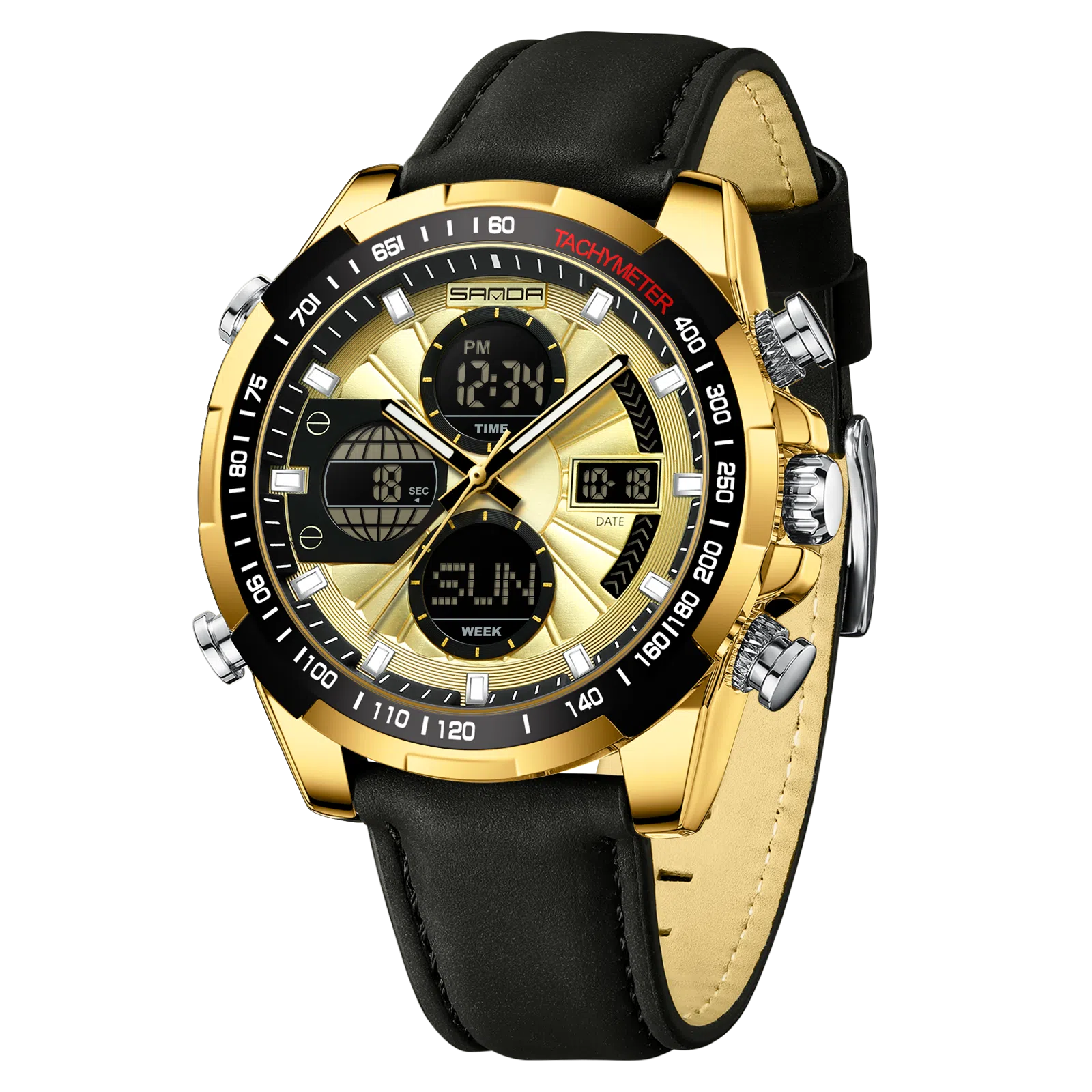 三达 时尚潮流炫酷学生运动腕表 电子+石英机芯 皮带表带 国表 男表 黑色表盘