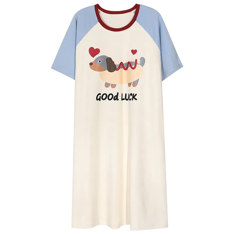 兰缪 带胸垫薄款宽松圆领套头中长款短袖睡裙 女款 图片色