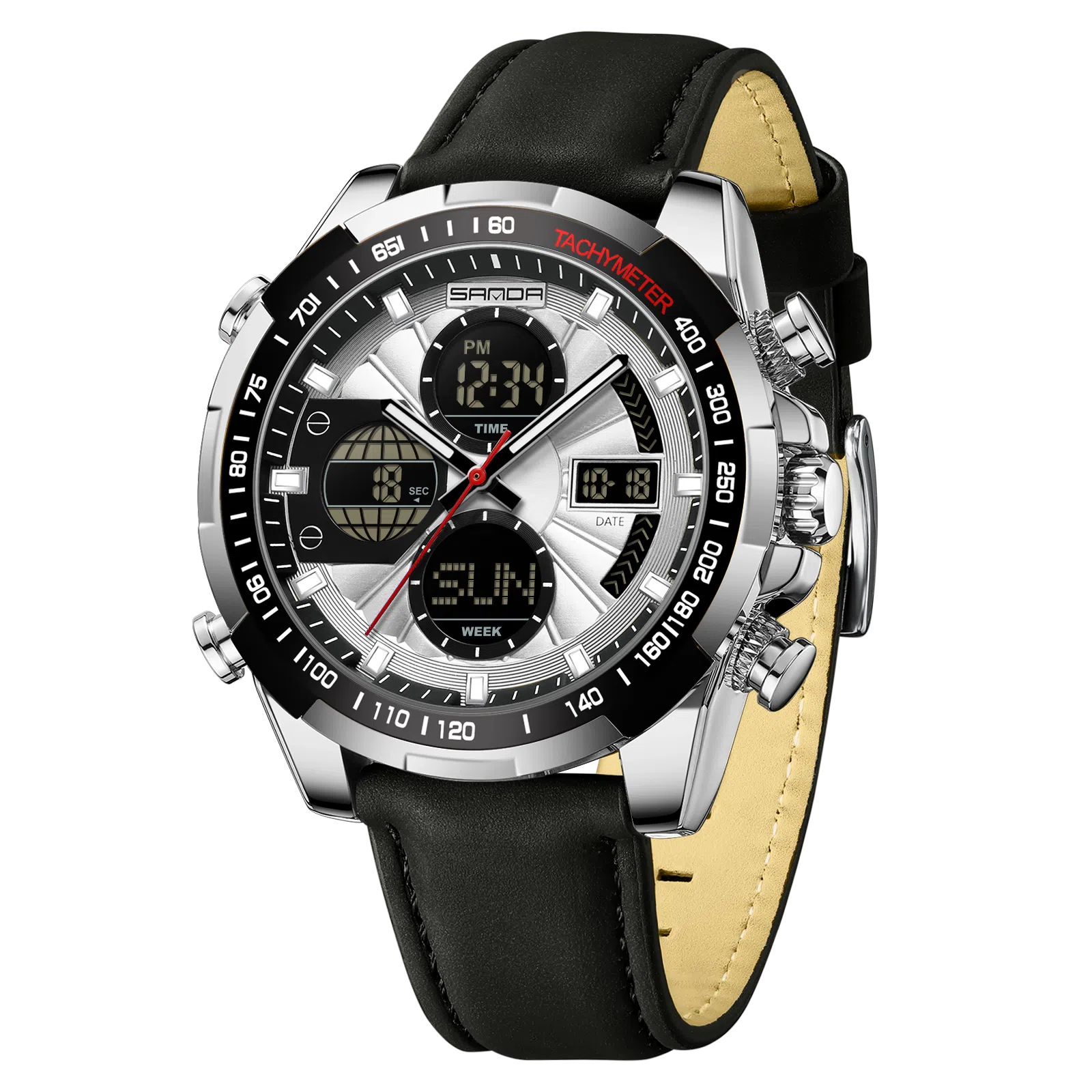 三达 时尚潮流炫酷学生运动腕表 电子+石英机芯 皮带表带 国表 男表 黑色表盘