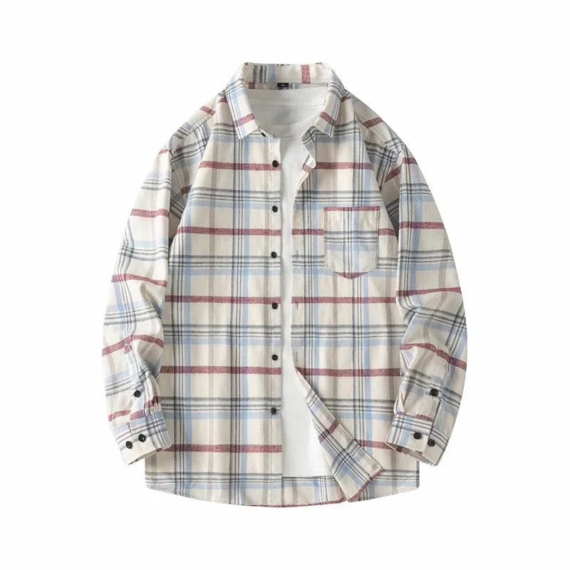 美式复古格子衬衫宽松休闲简约外穿学院风单穿叠穿日系复古单排扣口袋垂感宽松显瘦翻领长袖条纹衬衫 男女同款