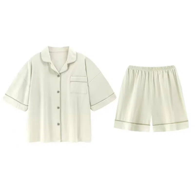 夏芬妍 简约休闲舒适时尚纯色纯棉翻领家居服亲肤宽松短袖短裤可外穿睡衣套装 女款