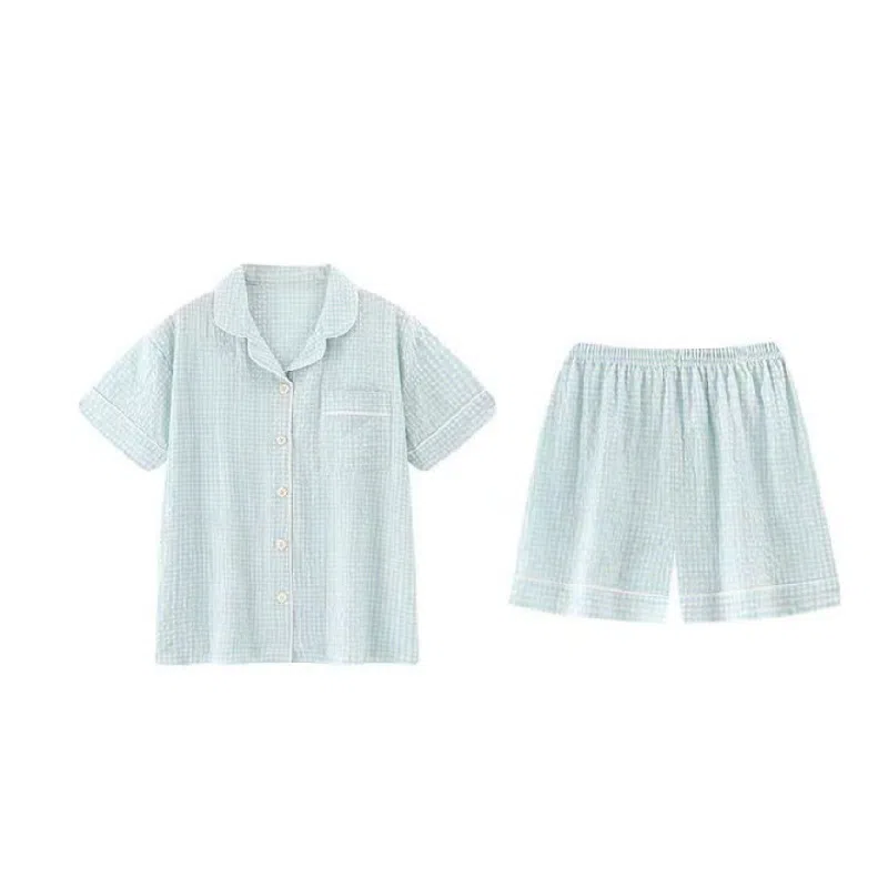 夏芬妍 简约休闲舒适时尚纯色纯棉翻领家居服亲肤宽松短袖短裤可外穿睡衣套装 女款 蓝色