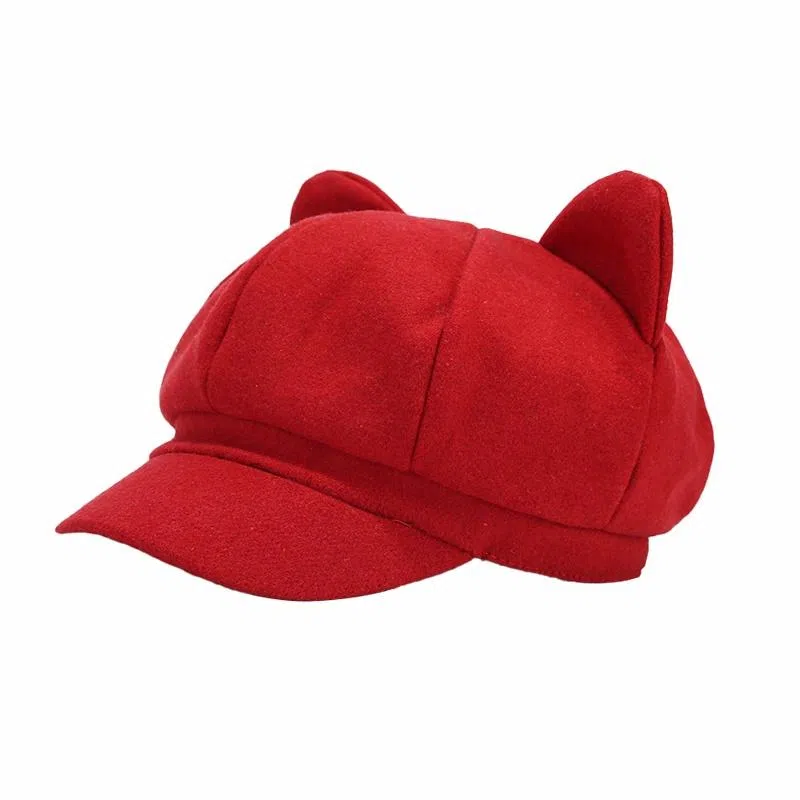 祎步康 创意可爱猫耳朵网红八角帽 英伦复古纯色画家帽潮 棉涤 贝雷帽 男女同款情侣款