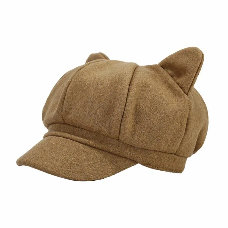 祎步康 创意可爱猫耳朵网红八角帽 英伦复古纯色画家帽潮 棉涤 贝雷帽 男女同款情侣款
