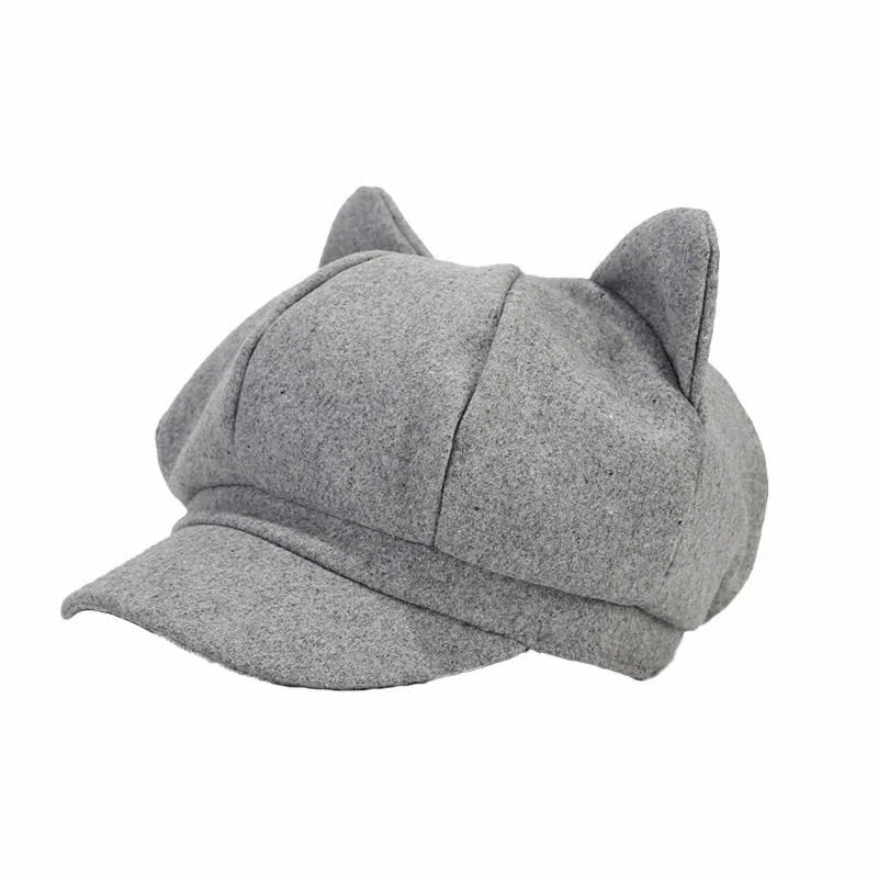 祎步康 创意可爱猫耳朵网红八角帽 英伦复古纯色画家帽潮 棉涤 贝雷帽 男女同款情侣款