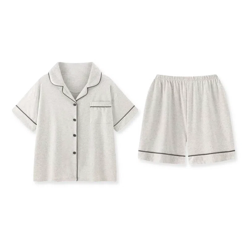 夏芬妍 简约休闲舒适时尚纯色纯棉翻领家居服亲肤宽松短袖短裤可外穿睡衣套装 女款