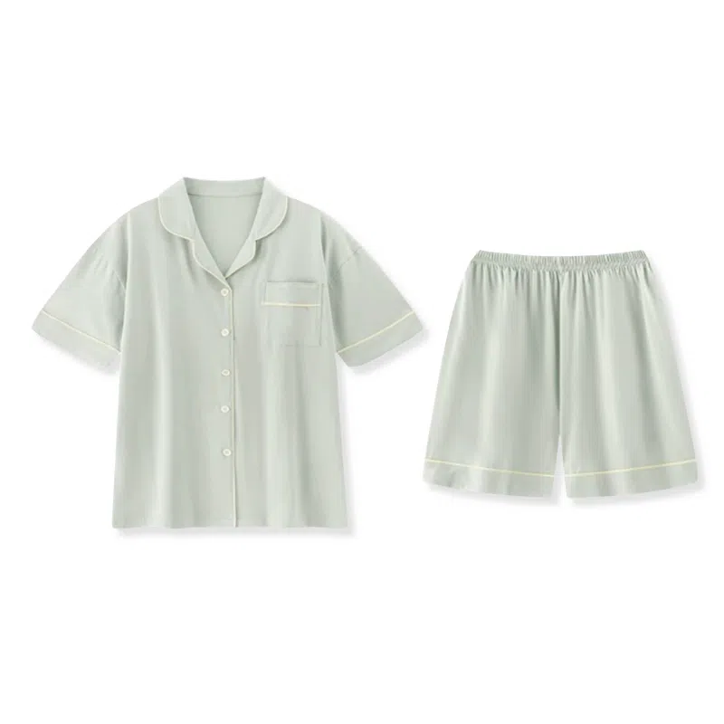 夏芬妍 简约休闲舒适时尚纯色纯棉翻领家居服亲肤宽松短袖短裤可外穿睡衣套装 女款