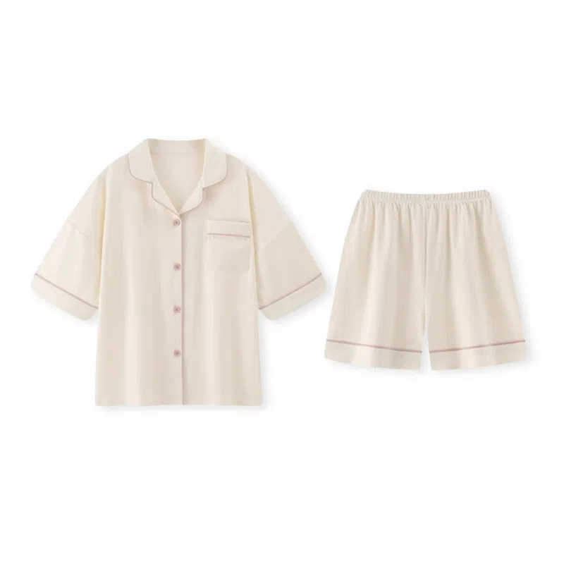 夏芬妍 简约休闲舒适时尚纯色纯棉翻领家居服亲肤宽松短袖短裤可外穿睡衣套装 女款